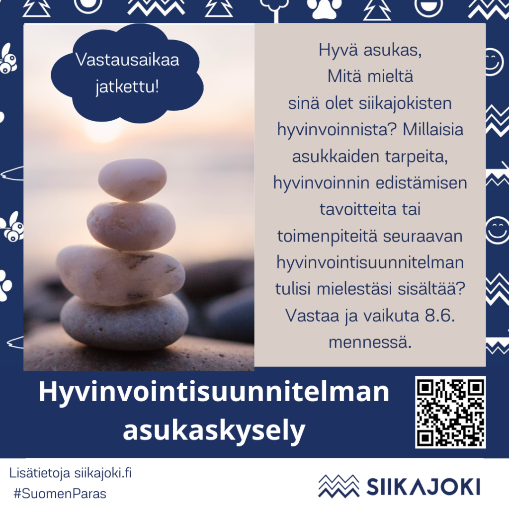 Kuvituskuva, jossa qr-koodi kyselyyn ja tekstit, jotka löytyvät myös varsinaisesta päivityksestä.