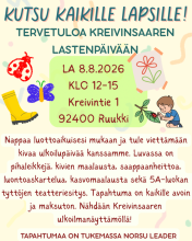 Tule viettämään kivaa ulkoilupäivää kanssamme. Luvassa on pihaleikkejä, kivien maalausta, saappaanheittoa, luontoaskartelua, kasvomaalausta sekä 5A-luokan tyttöjen teatteriesitys. Tapahtuma on kaikille avoin ja maksuton. Nähdään Kreivinsaaren ulkoilmanäyttämöllä! 