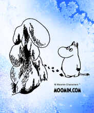 Kuvassa muumipeikko talvisessa maisemassa