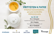 Tilaisuuden nimi, päivämäärät, osoitteet, kuntien logot ja taustalla teekuppi ja -pannu.