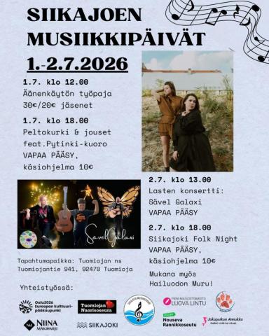 Siikajoen musiikkipäivät 1.-2.7.2026 Tuomiojan nuorisoseuran talolla.