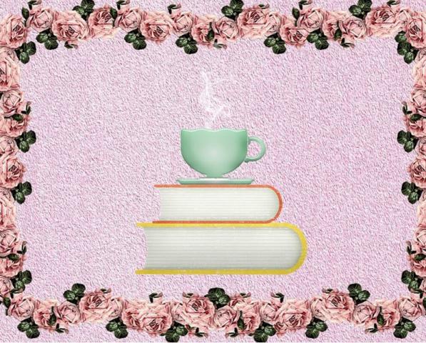 Kirjojaja kahvikuppi kukkasten ympäröimänä