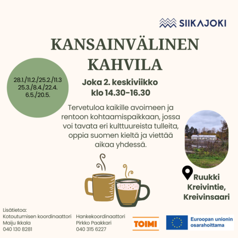 Kaksi kahvikuppia ja kahvilan aukiolopäivät.