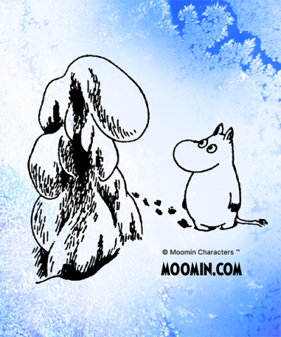 Kuvassa muumipeikko talvisessa maisemassa