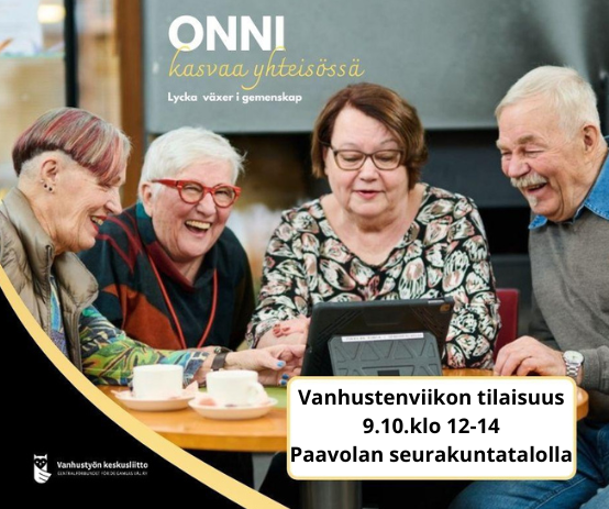 Vanhustenviikon mainos, jossa neljä vanhempaa ihmistä pöydän ääressä nauraen.