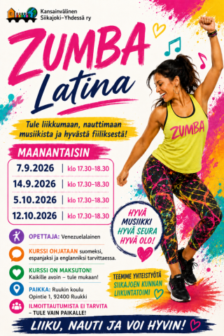 Latinarytmit saapuvat Ruukkiin!  Tule mukaan viettämään energinen tunti musiikin, liikkeen ja hyvän seuran parissa! Zumba Latina on kaikille avoin ja maksuton – aiempaa kokemusta et tarvitse. 